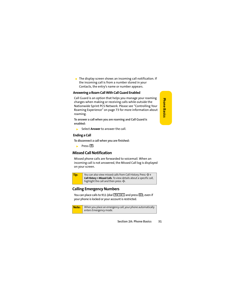 Missed call notification, Calling emergency numbers | Sprint Nextel MOTOSLVR L7C User Manual | Page 47 / 228