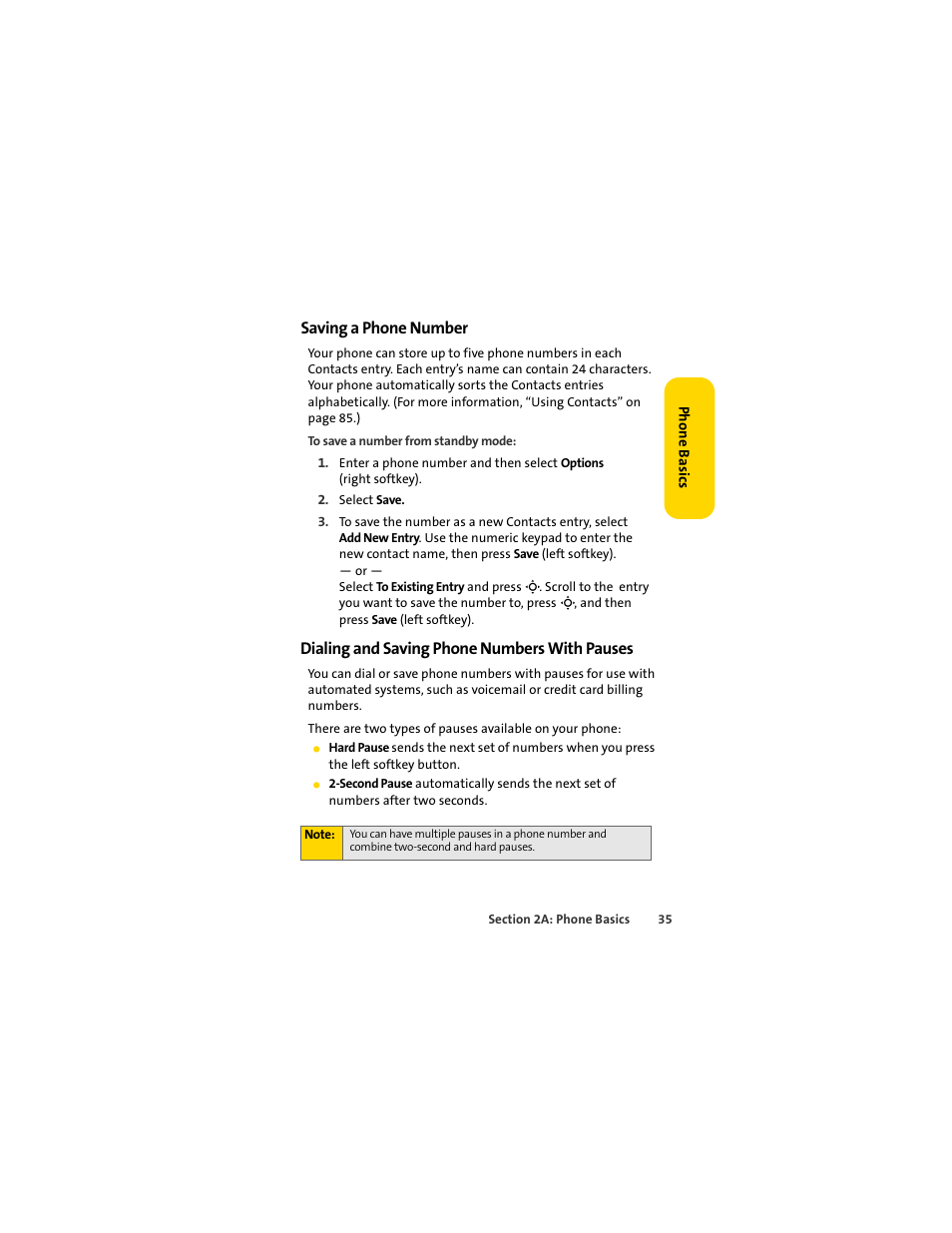 Saving a phone number, Dialing and saving phone numbers with pauses | Sprint Nextel MOTOSLVR L7C User Manual | Page 51 / 228