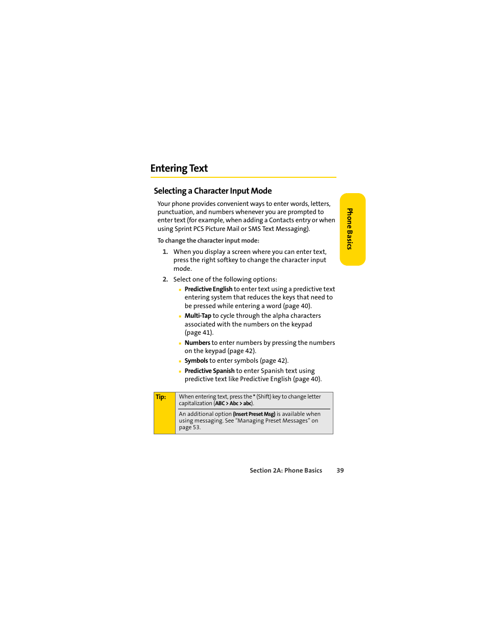 Entering text, Selecting a character input mode | Sprint Nextel MOTOSLVR L7C User Manual | Page 55 / 228
