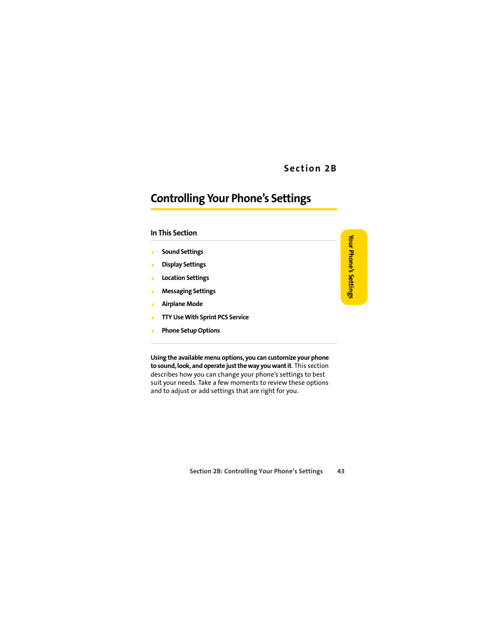 Controlling your phone’s settings, 2b. controlling your phone’s settings | Sprint Nextel MOTOSLVR L7C User Manual | Page 59 / 228