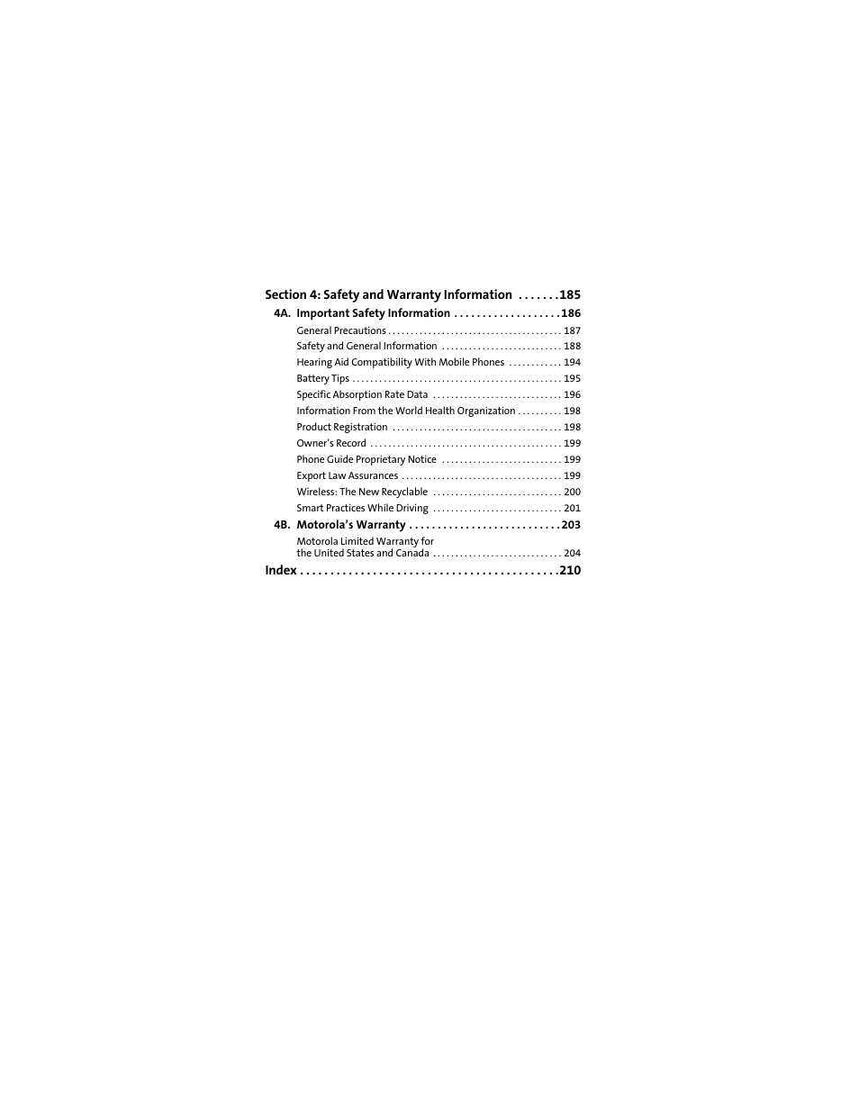 Section 4: safety and warranty information 185, 4a. important safety information 186, 4b. motorola’s warranty 203 | Sprint Nextel MOTOSLVR L7C User Manual | Page 6 / 228