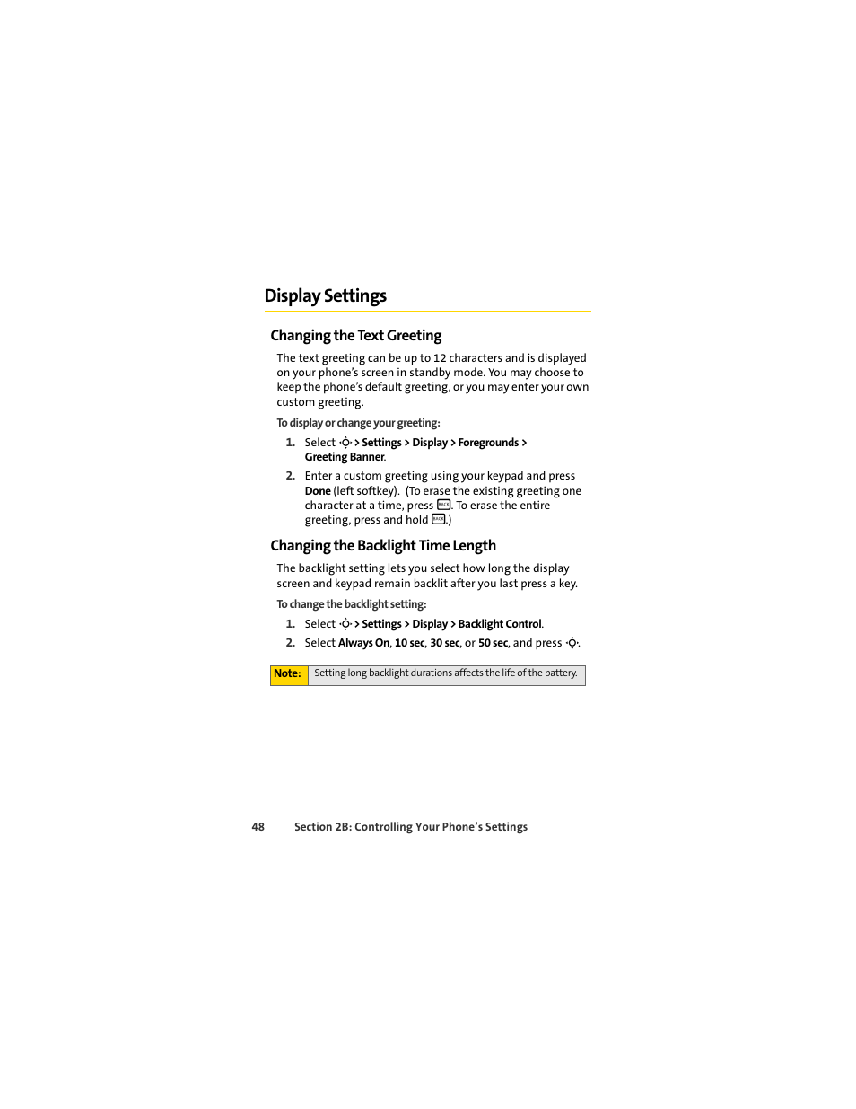 Display settings, Changing the text greeting, Changing the backlight time length | Sprint Nextel MOTOSLVR L7C User Manual | Page 64 / 228