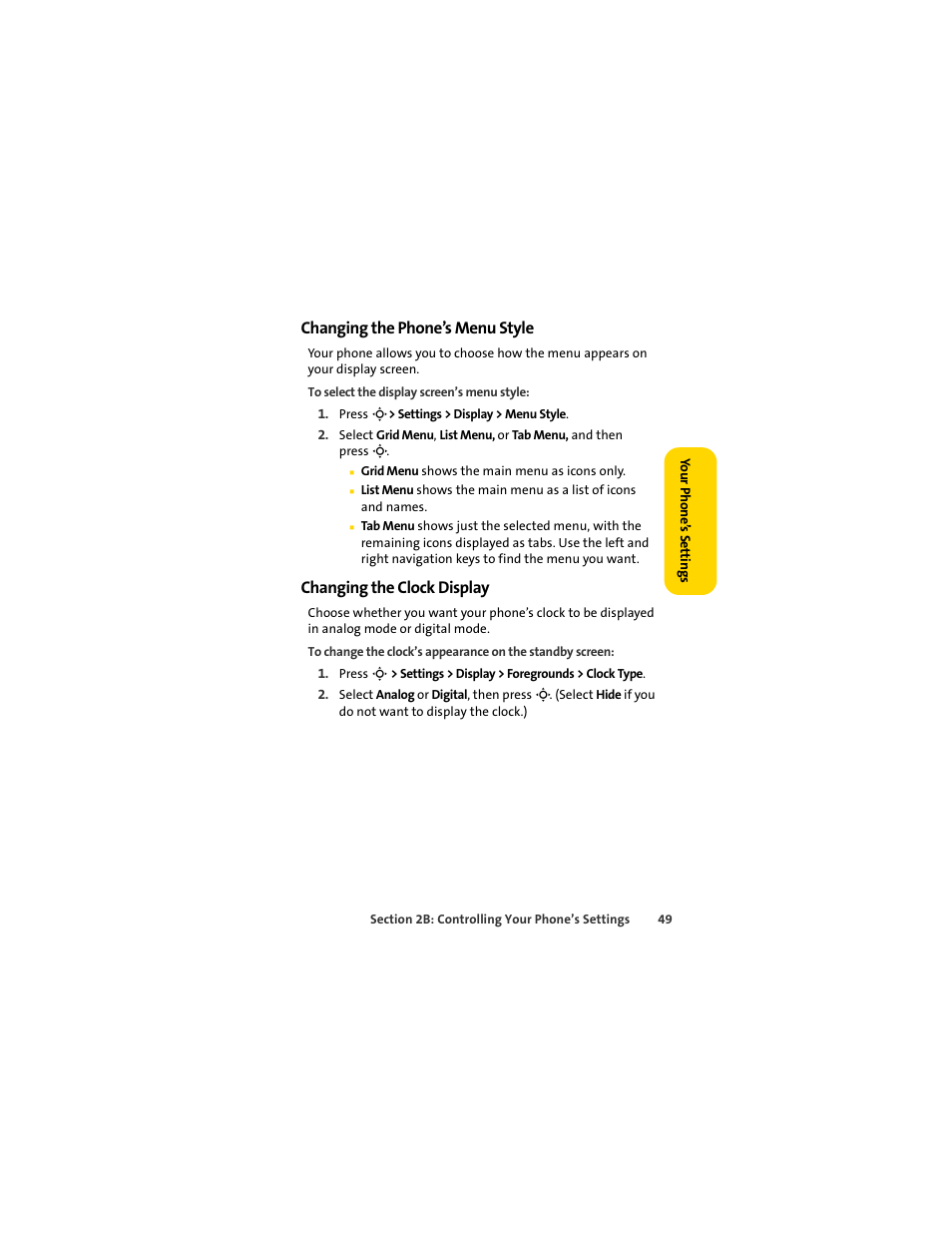 Changing the phone’s menu style, Changing the clock display | Sprint Nextel MOTOSLVR L7C User Manual | Page 65 / 228