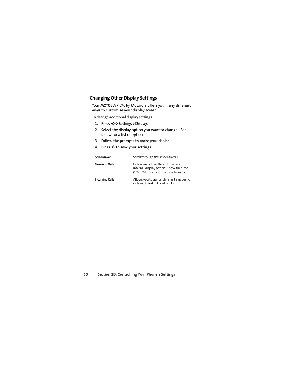 Changing other display settings | Sprint Nextel MOTOSLVR L7C User Manual | Page 66 / 228