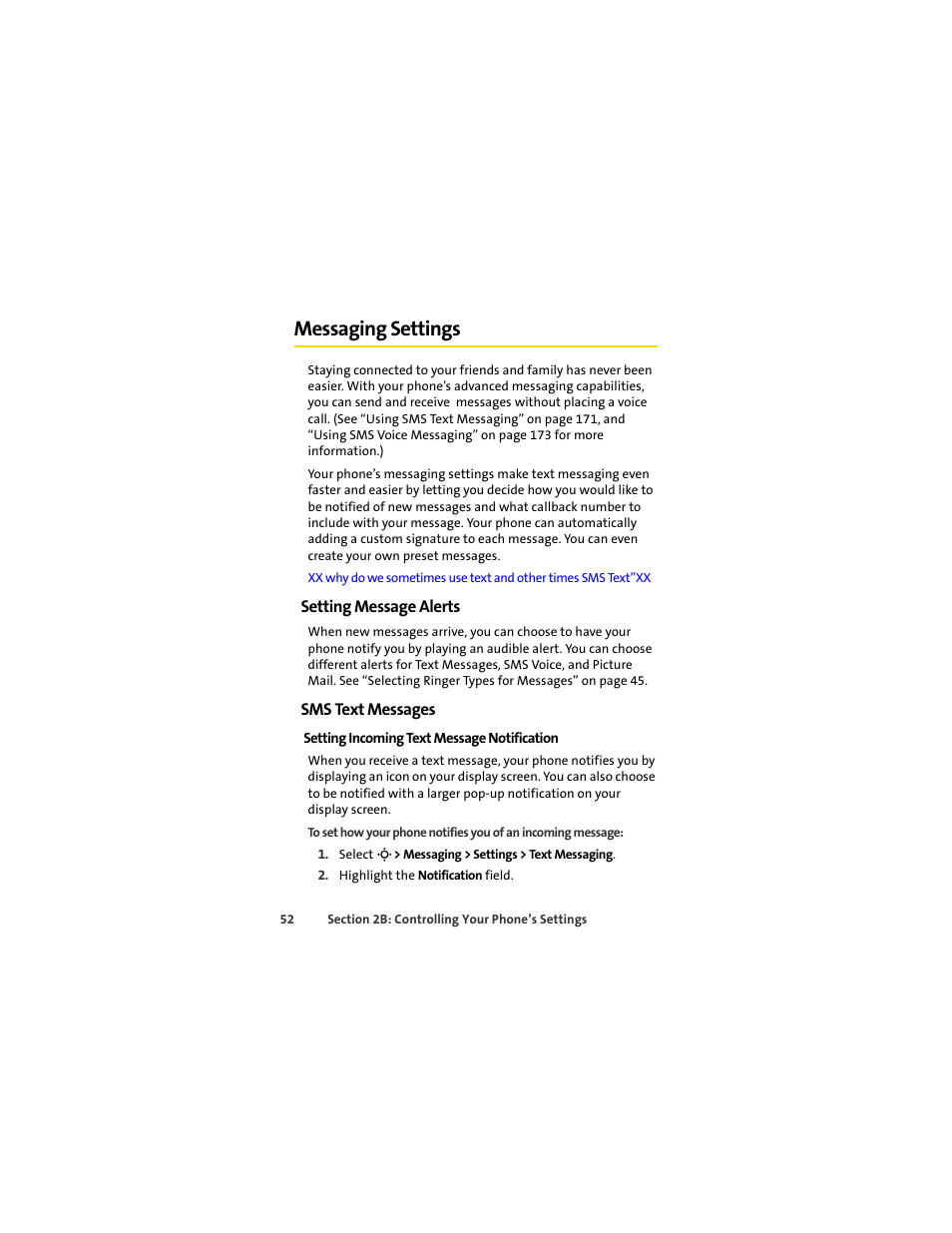 Messaging settings, Setting message alerts, Sms text messages | Sprint Nextel MOTOSLVR L7C User Manual | Page 68 / 228