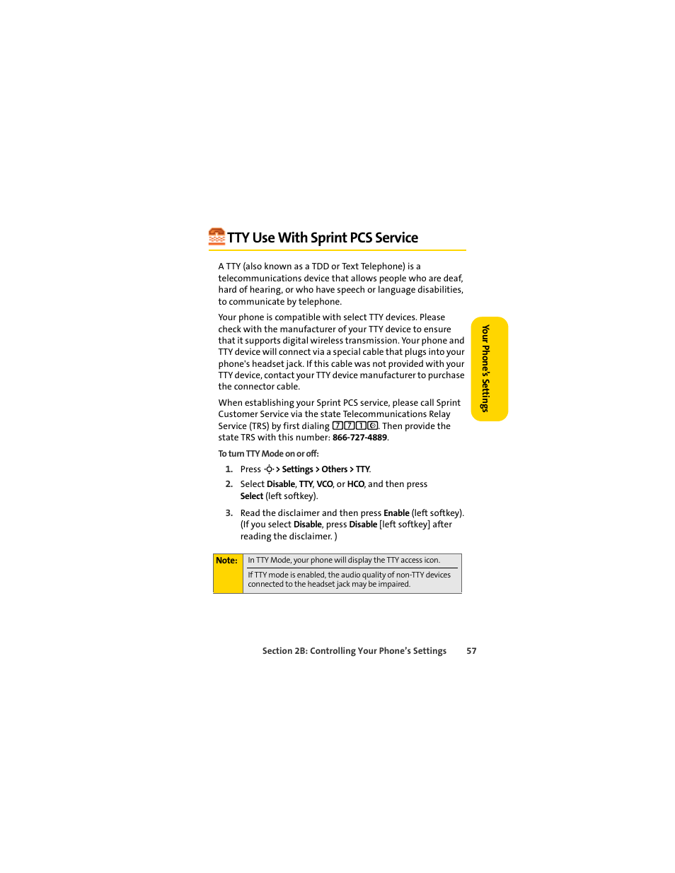 Tty use with sprint pcs service | Sprint Nextel MOTOSLVR L7C User Manual | Page 73 / 228