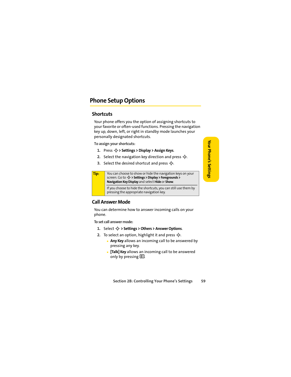 Phone setup options, Shortcuts, Call answer mode | Sprint Nextel MOTOSLVR L7C User Manual | Page 75 / 228