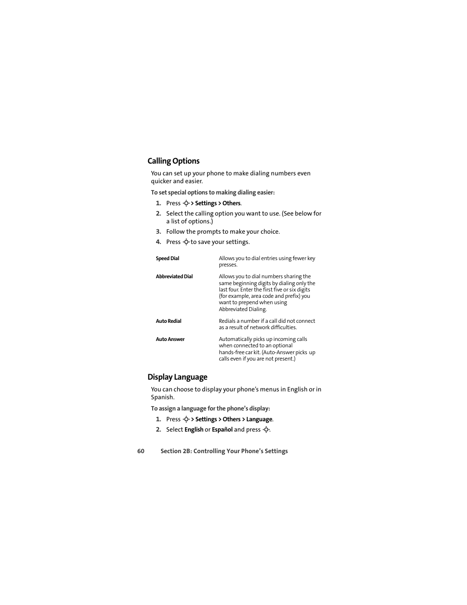 Calling options, Display language | Sprint Nextel MOTOSLVR L7C User Manual | Page 76 / 228