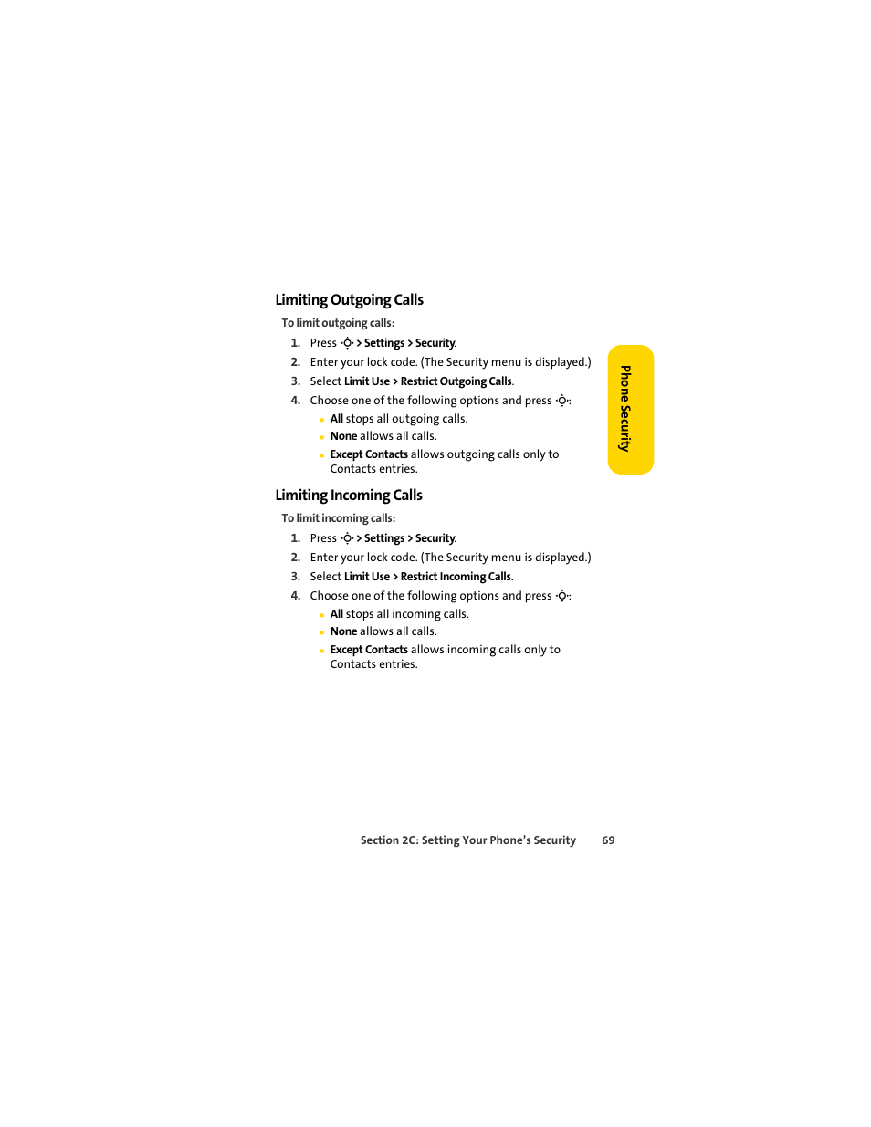 Limiting outgoing calls, Limiting incoming calls | Sprint Nextel MOTOSLVR L7C User Manual | Page 85 / 228