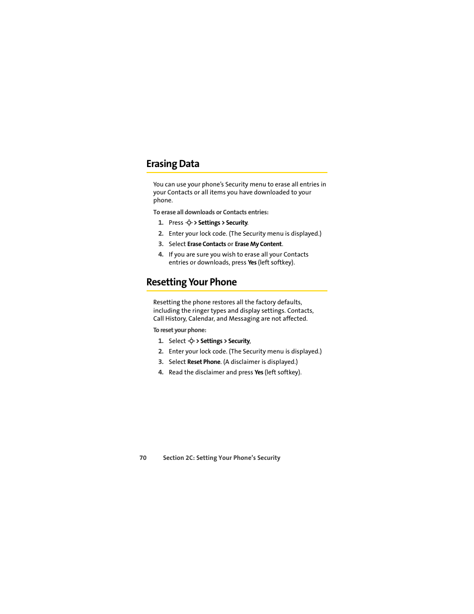 Erasing data, Resetting your phone | Sprint Nextel MOTOSLVR L7C User Manual | Page 86 / 228
