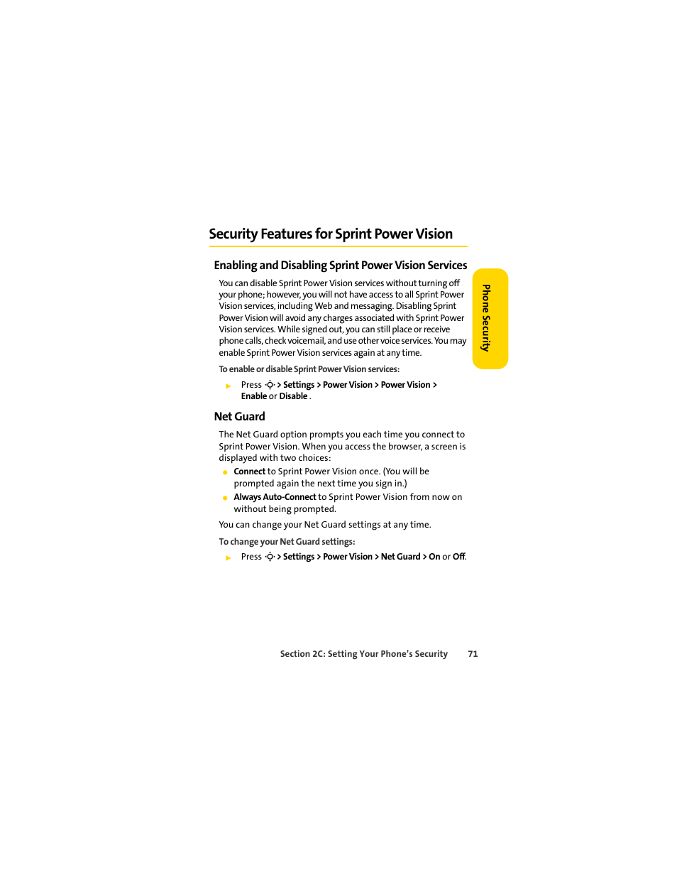 Security features for sprint power vision, Net guard | Sprint Nextel MOTOSLVR L7C User Manual | Page 87 / 228