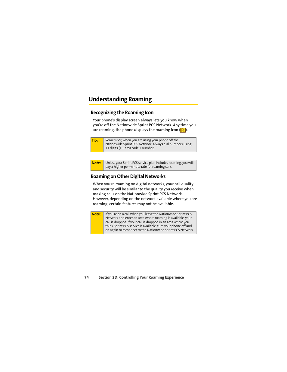 Understanding roaming, Recognizing the roaming icon, Roaming on other digital networks | Sprint Nextel MOTOSLVR L7C User Manual | Page 90 / 228