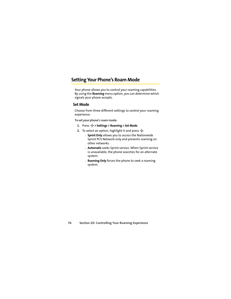 Setting your phone’s roam mode, Set mode | Sprint Nextel MOTOSLVR L7C User Manual | Page 92 / 228