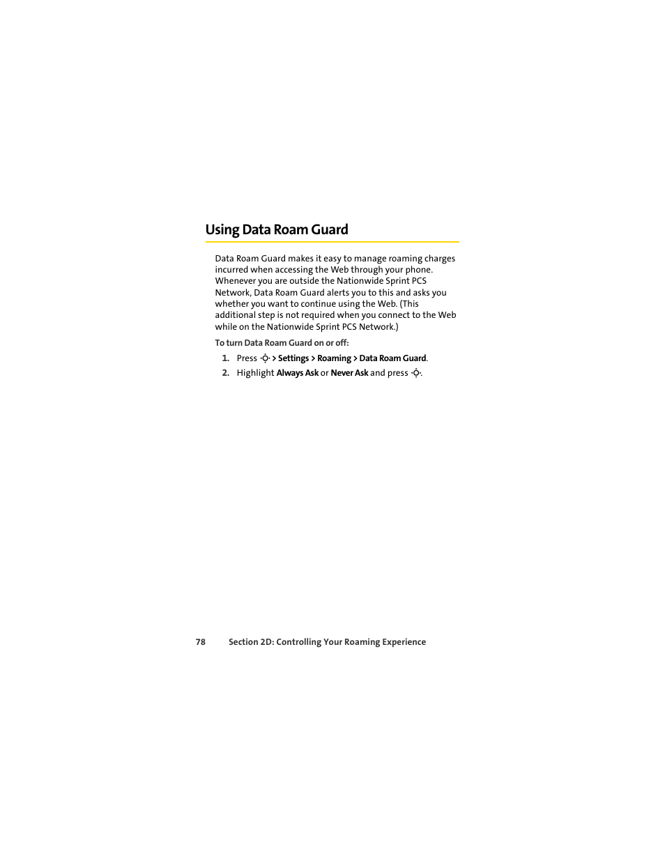 Using data roam guard | Sprint Nextel MOTOSLVR L7C User Manual | Page 94 / 228