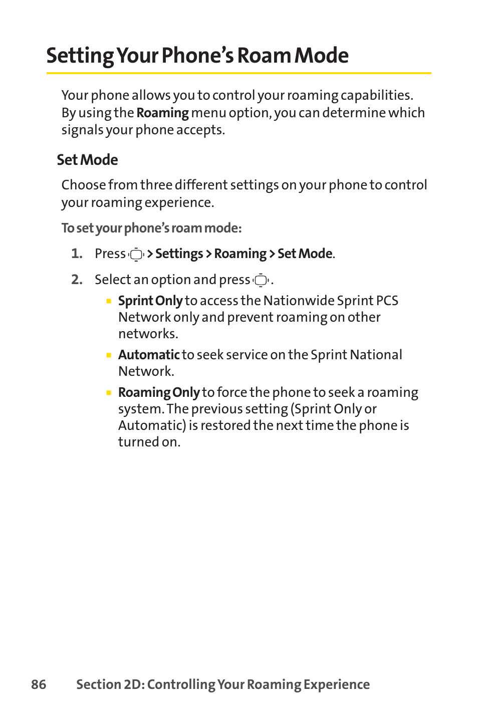 Setting your phone’s roam mode | Sprint Nextel VISION S1 User Manual | Page 102 / 218