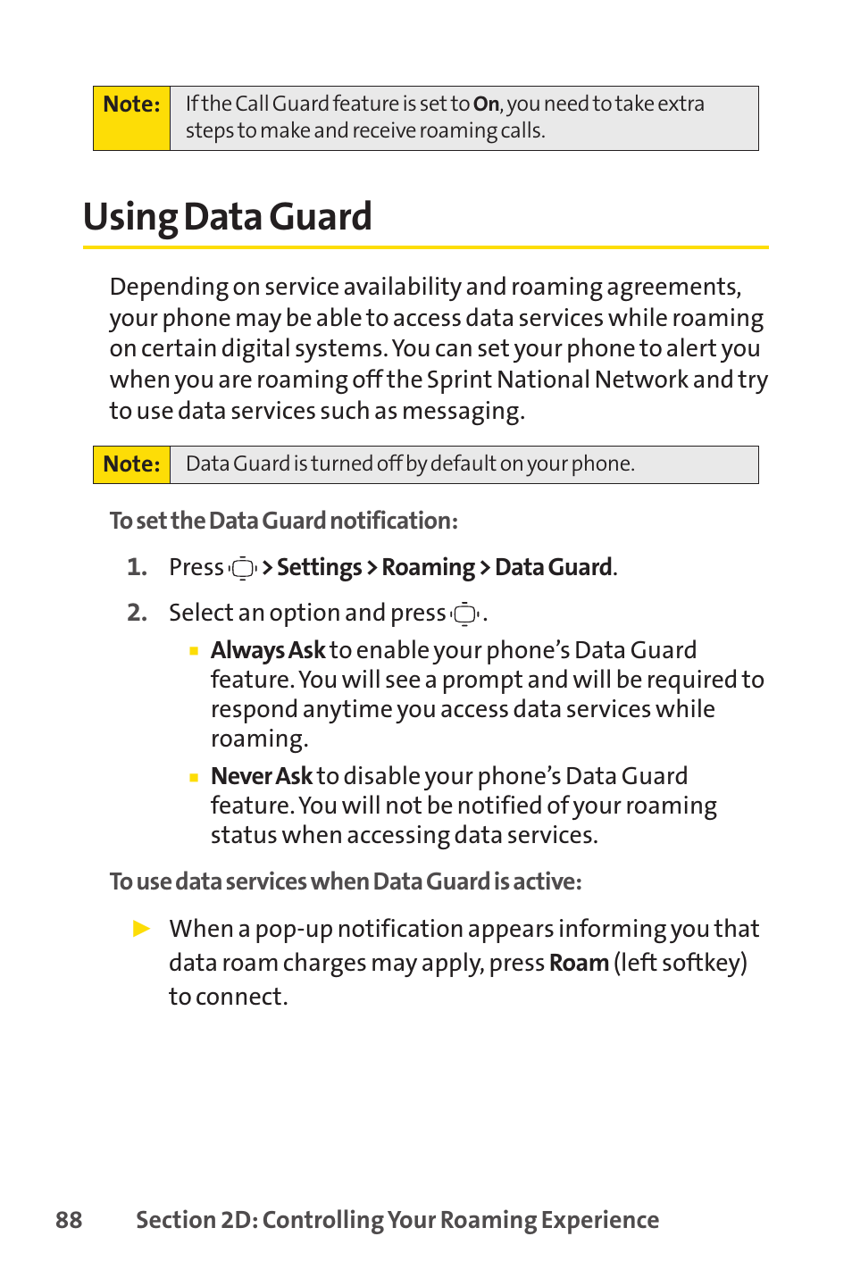 Using data guard | Sprint Nextel VISION S1 User Manual | Page 104 / 218