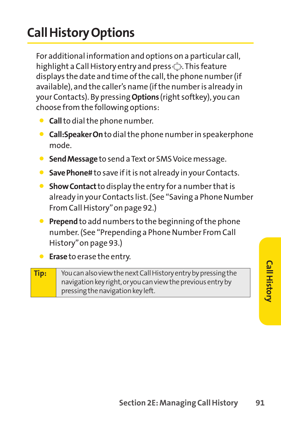 Call history options, Ca llh ist or y | Sprint Nextel VISION S1 User Manual | Page 107 / 218
