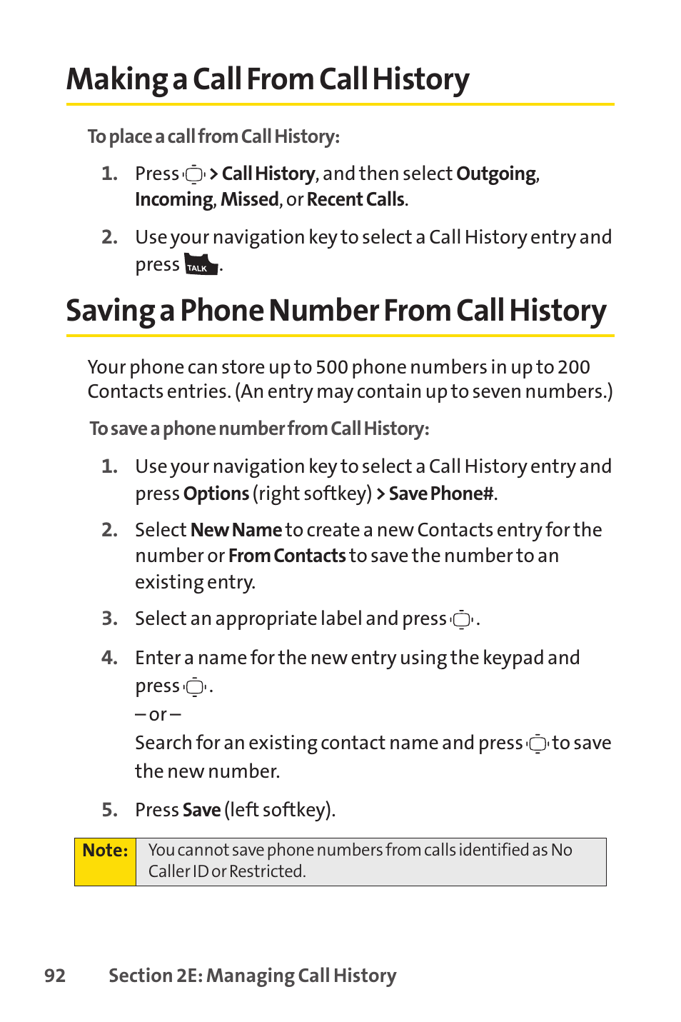 Making a call from call history, Saving a phone number from call history | Sprint Nextel VISION S1 User Manual | Page 108 / 218
