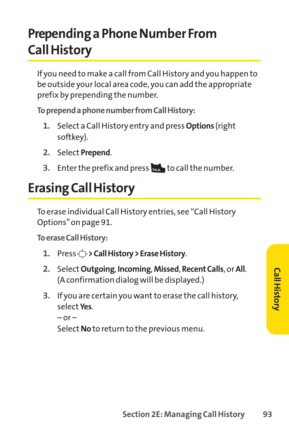 Prepending a phone number from call history, Erasing call history | Sprint Nextel VISION S1 User Manual | Page 109 / 218