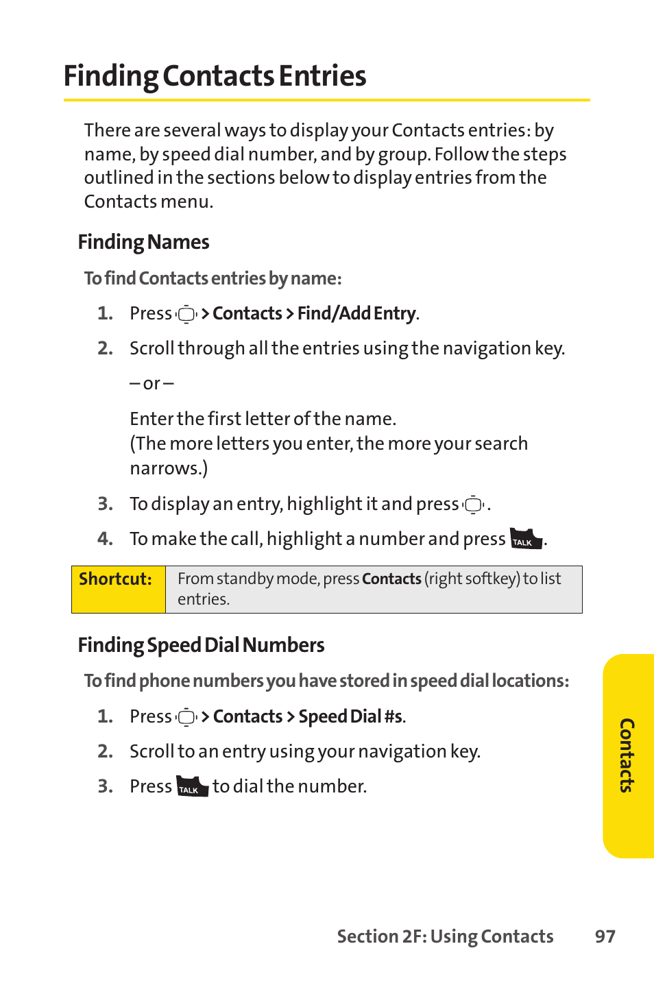 Finding contacts entries | Sprint Nextel VISION S1 User Manual | Page 113 / 218