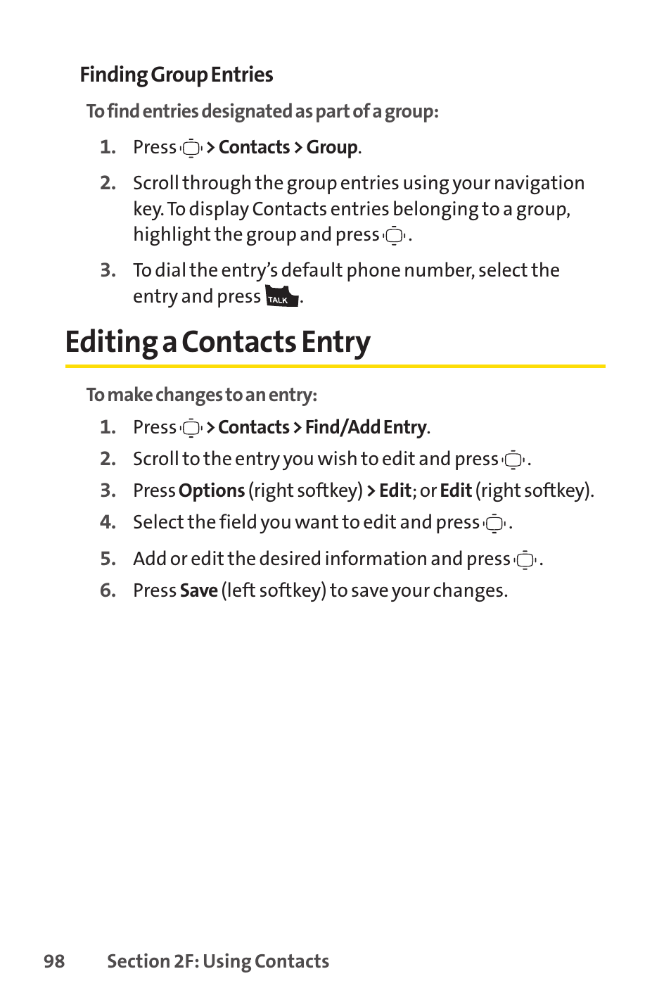 Editing a contacts entry | Sprint Nextel VISION S1 User Manual | Page 114 / 218