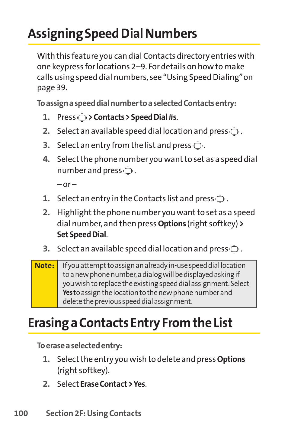 Assigning speed dial numbers, Erasing a contacts entry from the list | Sprint Nextel VISION S1 User Manual | Page 116 / 218