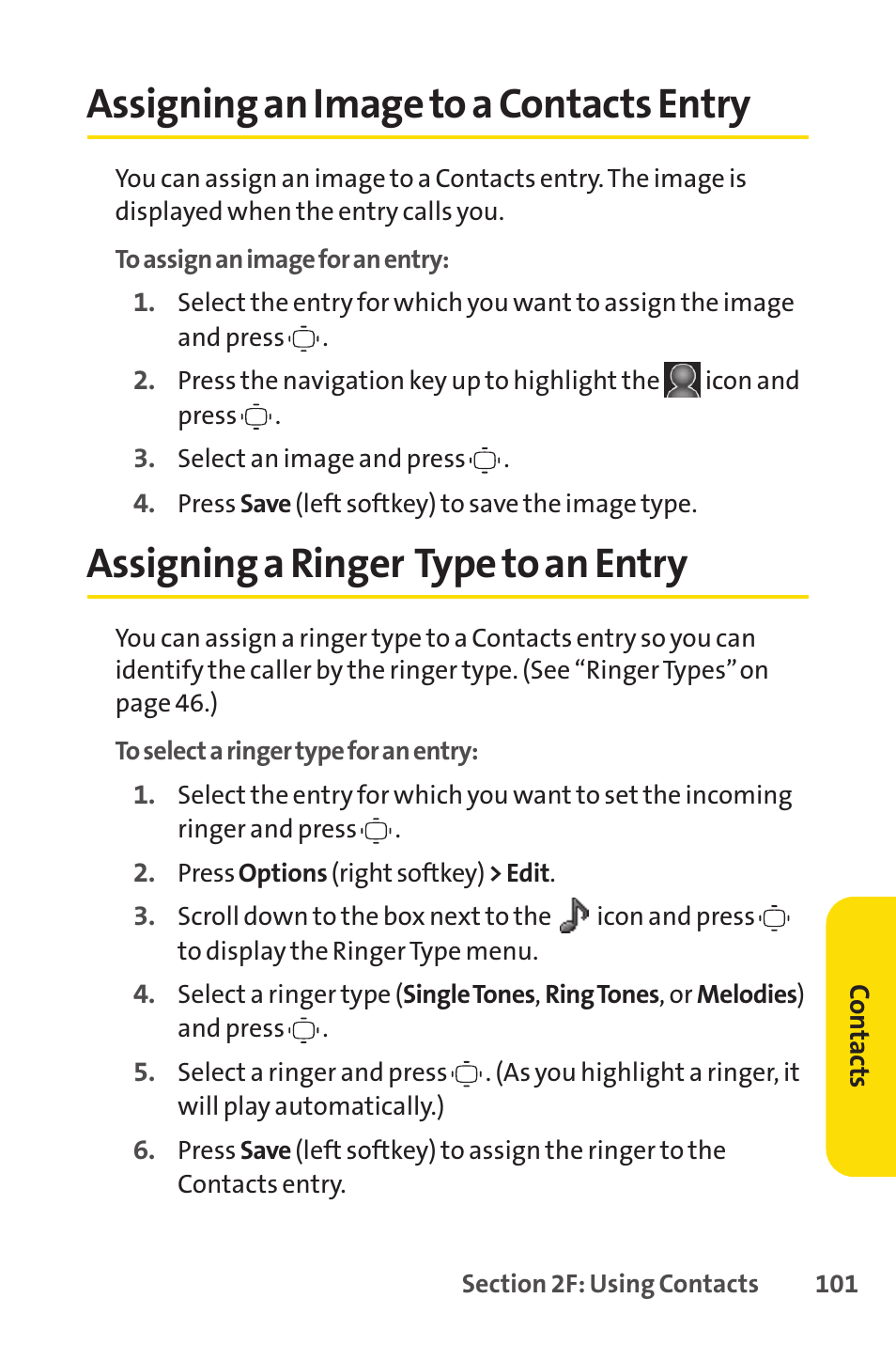 Assigning an image to a contacts entry, Assigning a ringer type to an entry | Sprint Nextel VISION S1 User Manual | Page 117 / 218
