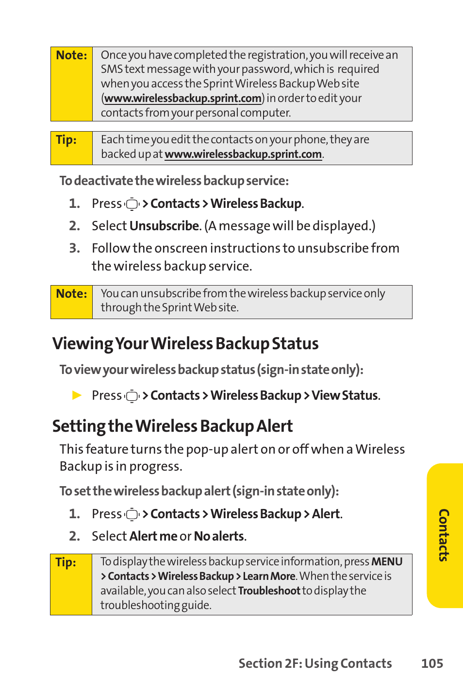 Viewing your wireless backup status, Setting the wireless backup alert | Sprint Nextel VISION S1 User Manual | Page 121 / 218