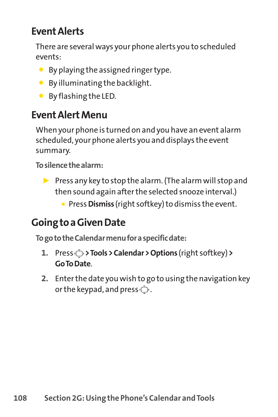 Event alerts, Event alert menu, Going to a given date | Sprint Nextel VISION S1 User Manual | Page 124 / 218