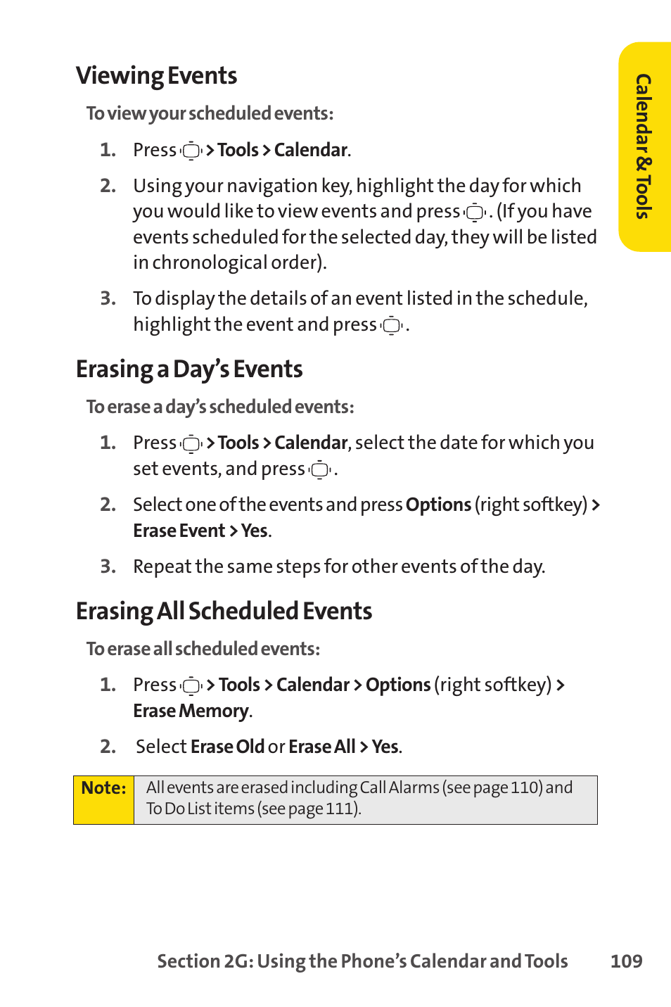 Viewing events, Erasing a day’s events, Erasing all scheduled events | Sprint Nextel VISION S1 User Manual | Page 125 / 218