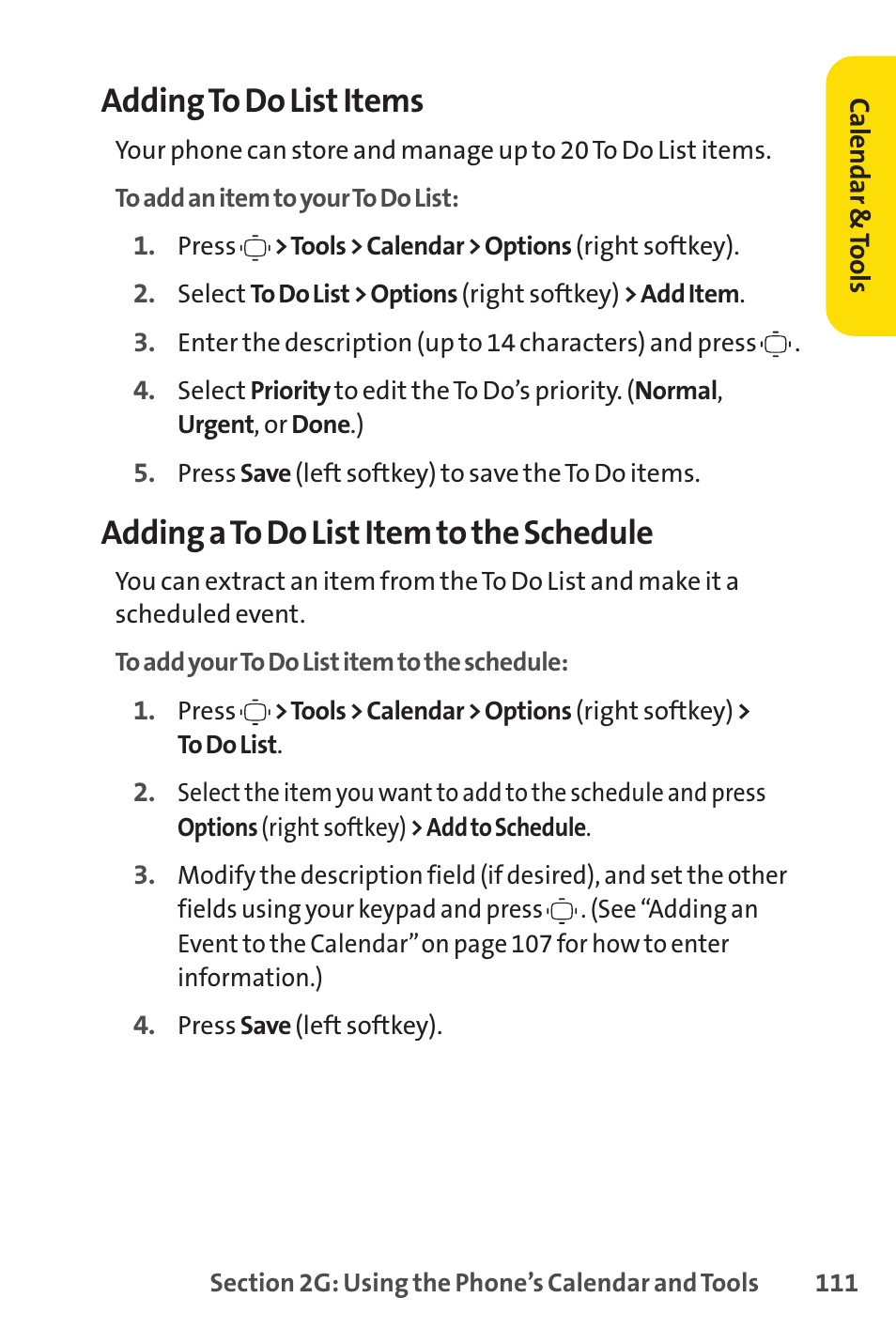 Adding to do list items, Adding a to do list item to the schedule | Sprint Nextel VISION S1 User Manual | Page 127 / 218