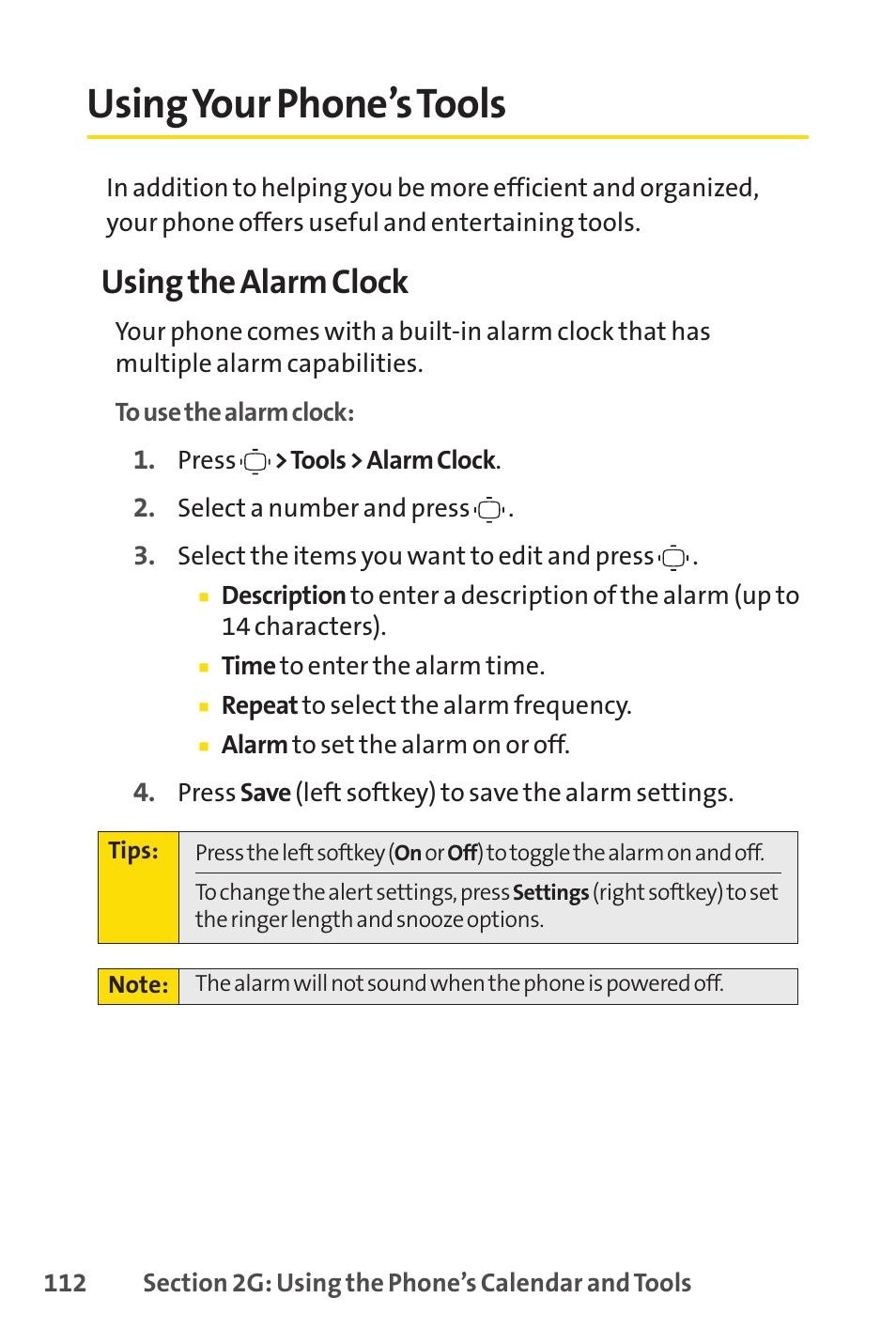 Using your phone’s tools, Using the alarm clock | Sprint Nextel VISION S1 User Manual | Page 128 / 218