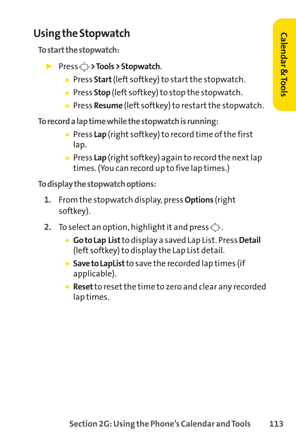 Using the stopwatch | Sprint Nextel VISION S1 User Manual | Page 129 / 218