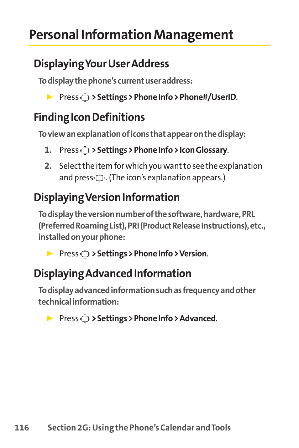 Personal information management, Displaying your user address, Finding icon definitions | Displaying version information, Displaying advanced information | Sprint Nextel VISION S1 User Manual | Page 132 / 218