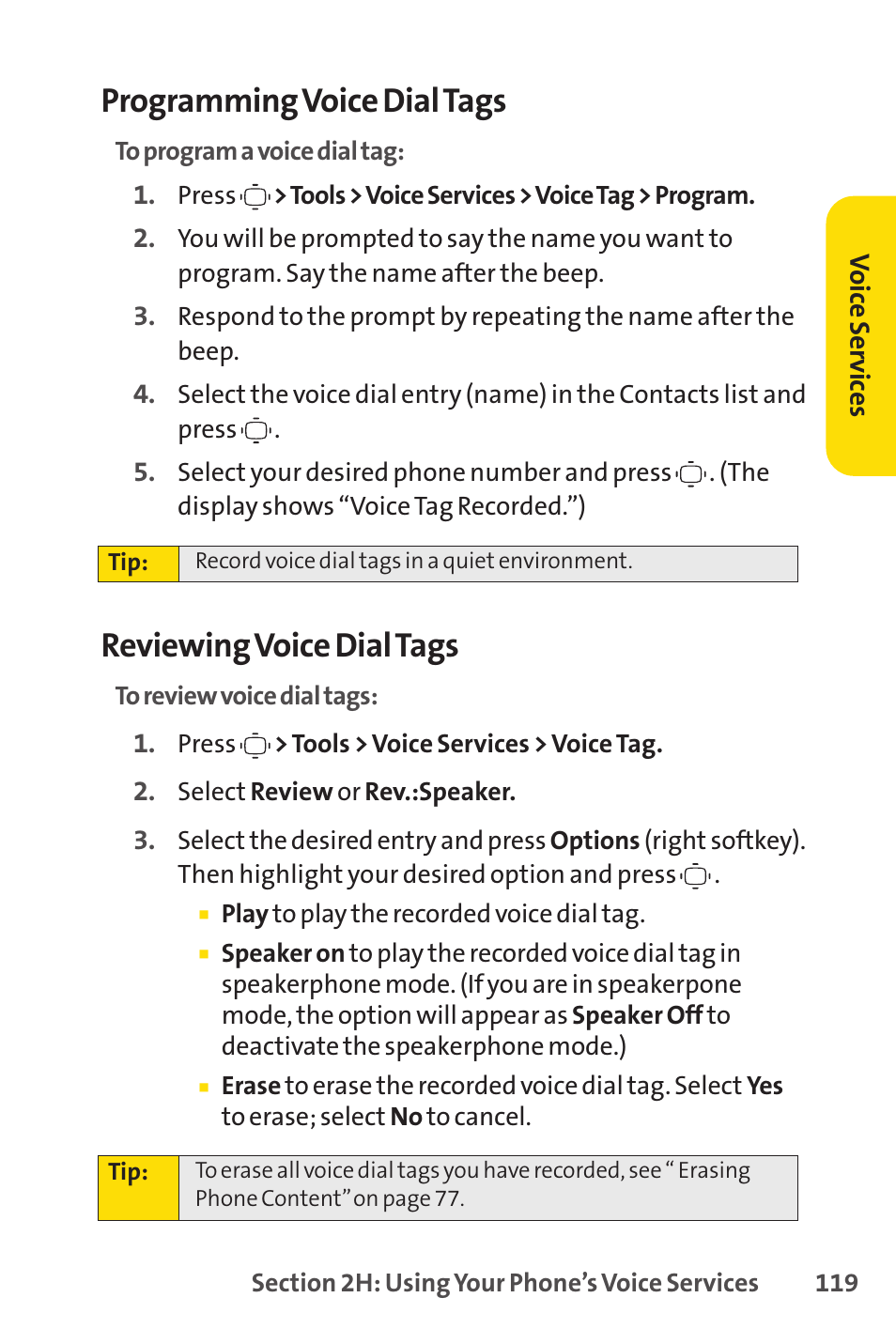 Programming voice dial tags, Reviewing voice dial tags | Sprint Nextel VISION S1 User Manual | Page 135 / 218