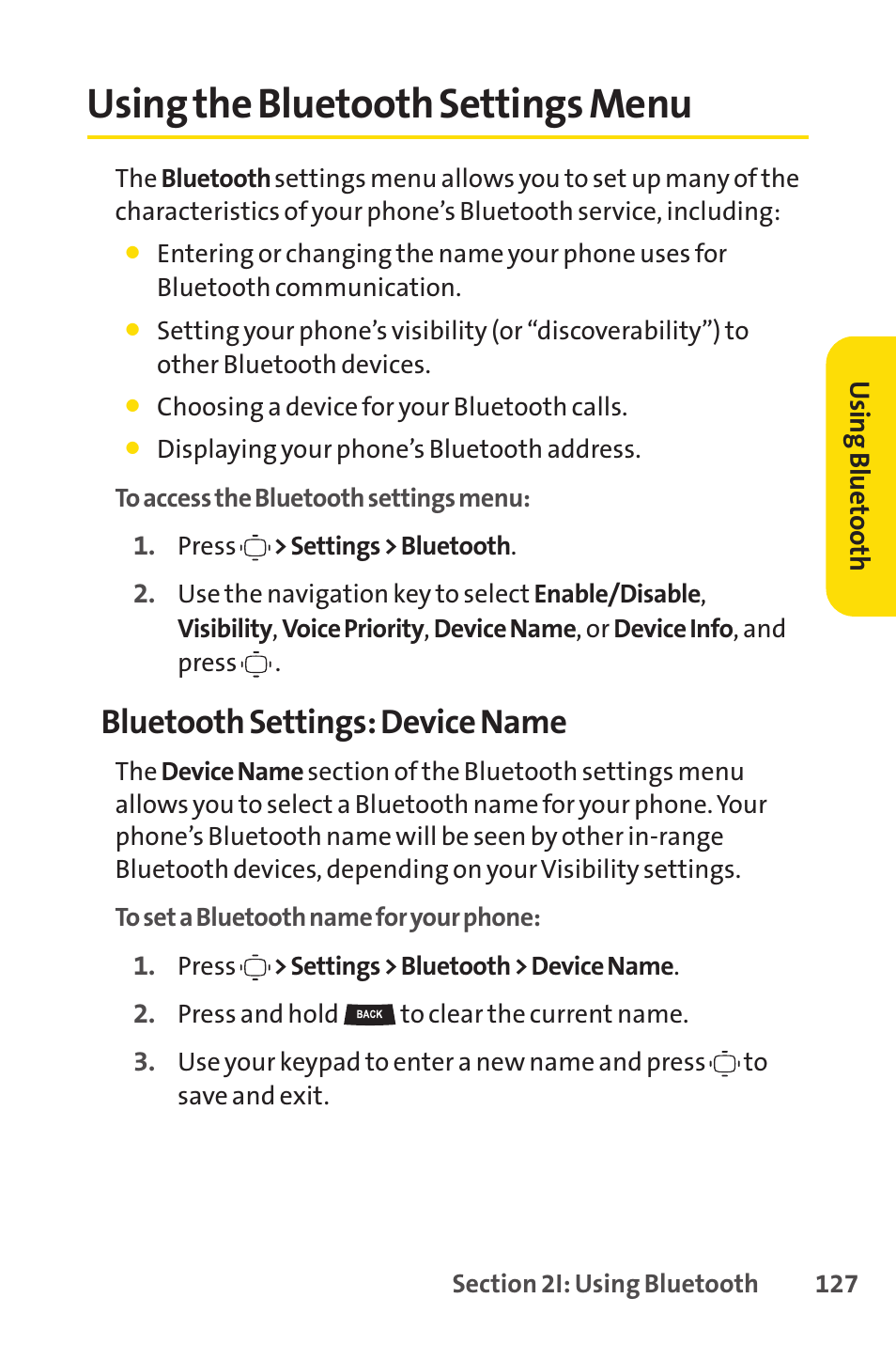 Using the bluetooth settings menu, Bluetooth settings: device name | Sprint Nextel VISION S1 User Manual | Page 143 / 218
