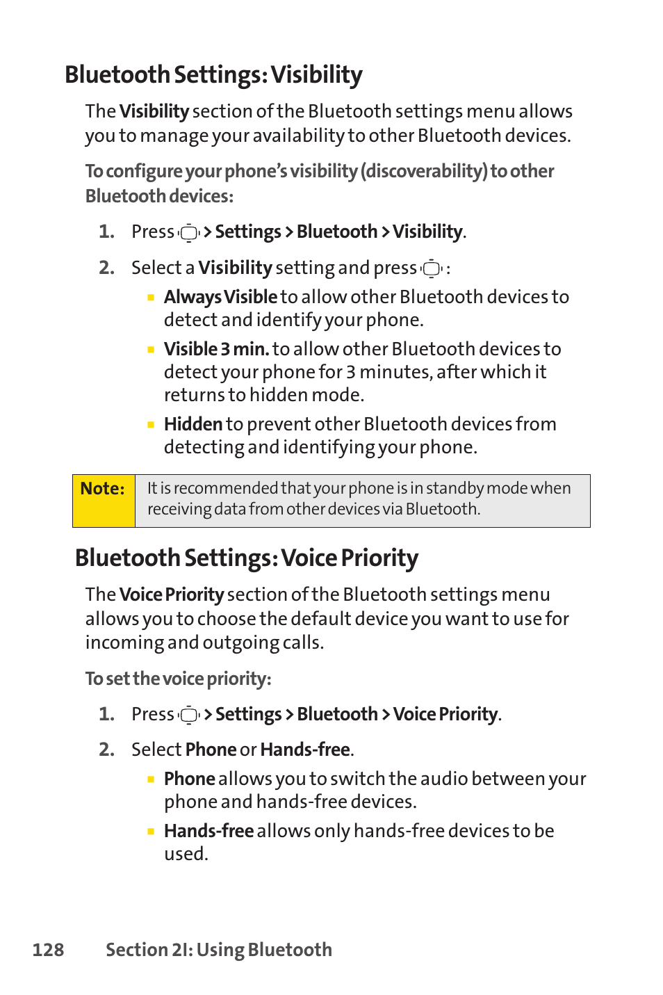 Bluetooth settings: visibility, Bluetooth settings: voice priority | Sprint Nextel VISION S1 User Manual | Page 144 / 218