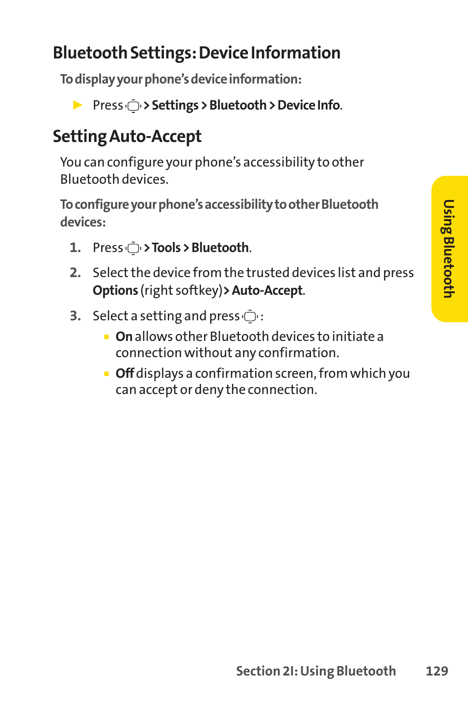 Bluetooth settings: device information, Setting auto-accept | Sprint Nextel VISION S1 User Manual | Page 145 / 218