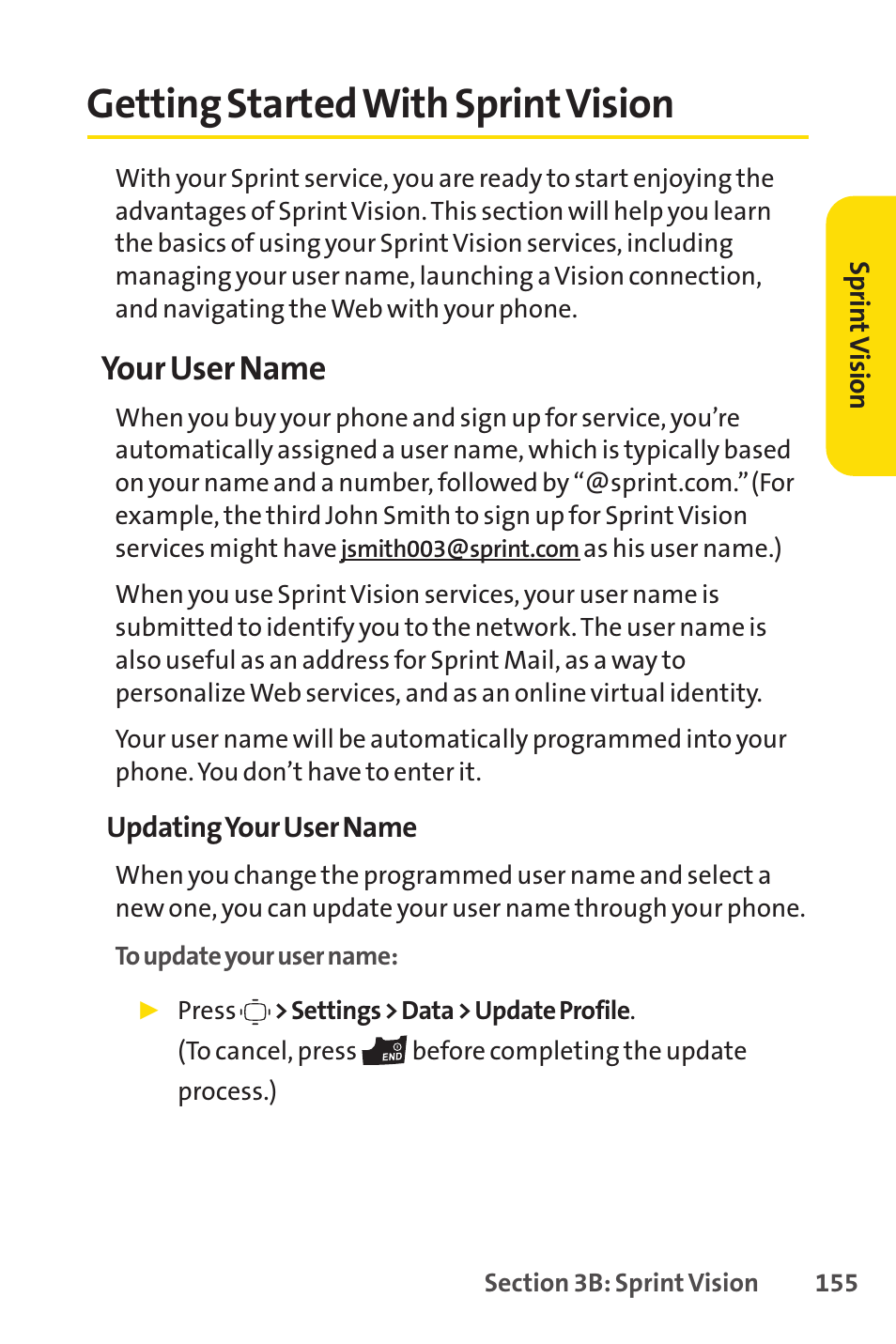 Getting started with sprint vision, Getting started with sprintvision, Your user name | Sprint Nextel VISION S1 User Manual | Page 171 / 218
