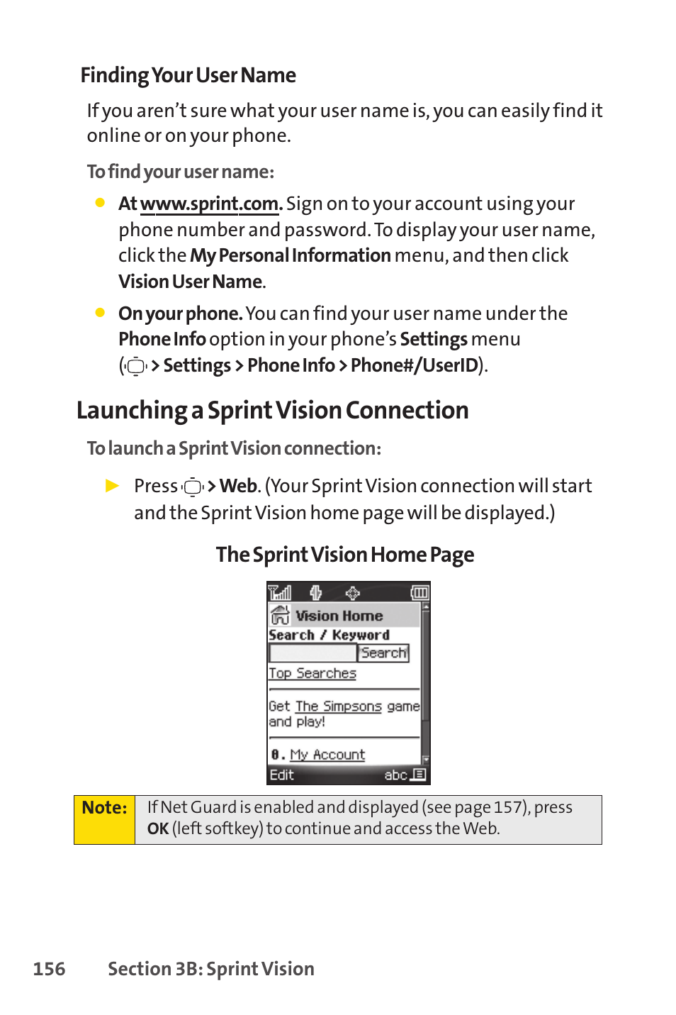 Launching a sprintvision connection, Finding your user name, The sprintvision home page | Sprint Nextel VISION S1 User Manual | Page 172 / 218