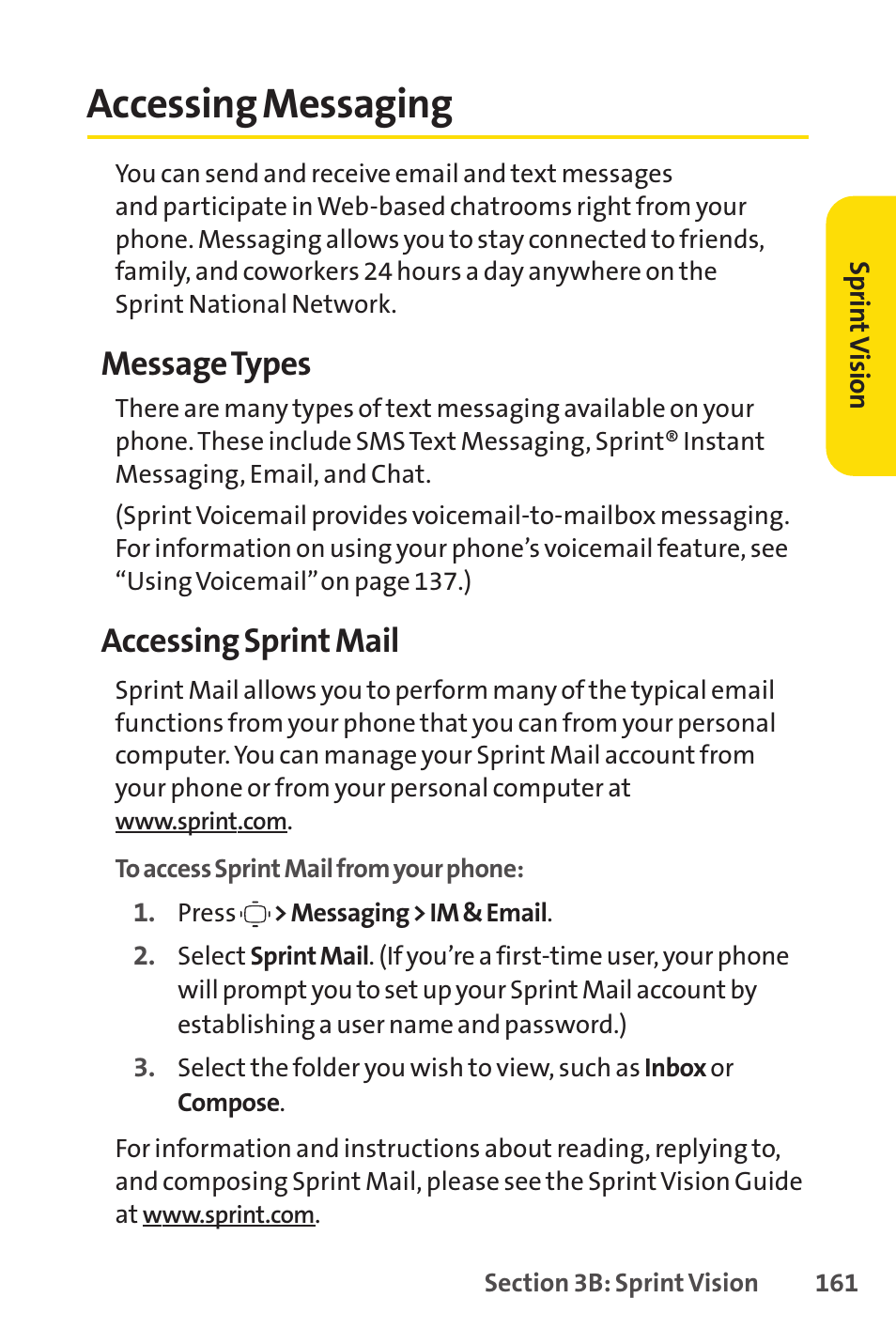 Accessing messaging, Message types, Accessing sprint mail | Sprint Nextel VISION S1 User Manual | Page 177 / 218