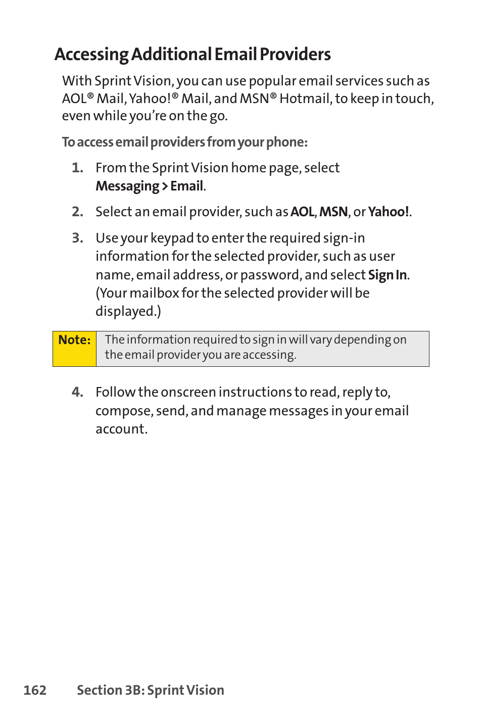 Accessing additional email providers | Sprint Nextel VISION S1 User Manual | Page 178 / 218