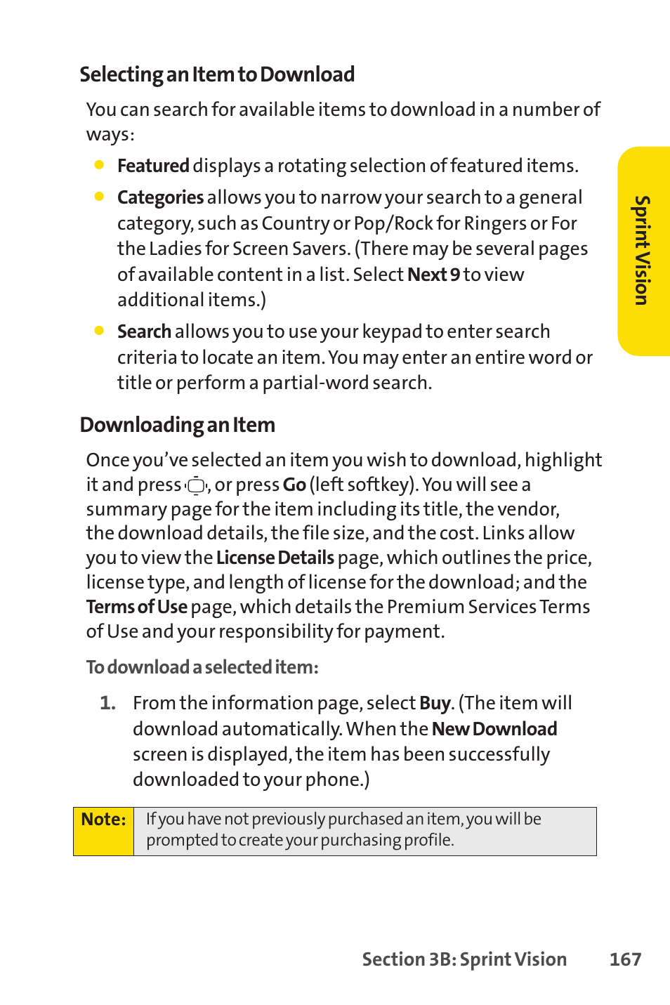 Selecting an item to download, Downloading an item | Sprint Nextel VISION S1 User Manual | Page 183 / 218