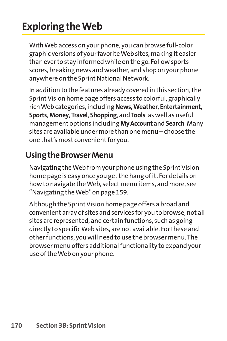 Exploring the web, Using the browser menu | Sprint Nextel VISION S1 User Manual | Page 186 / 218