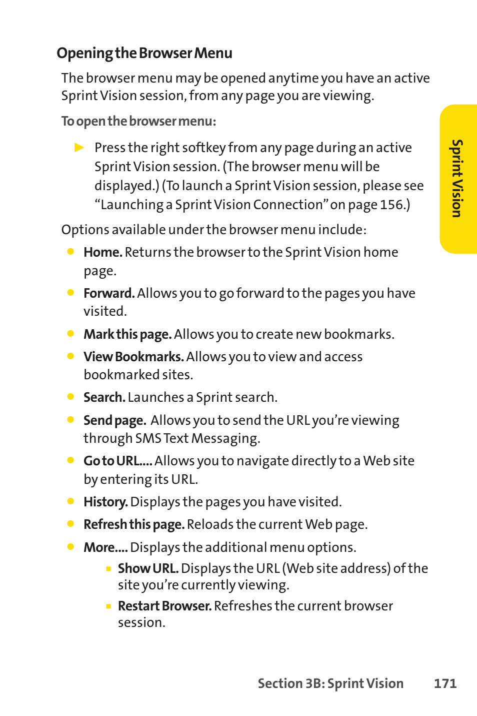 Opening the browser menu, Sp rin tv isi on | Sprint Nextel VISION S1 User Manual | Page 187 / 218