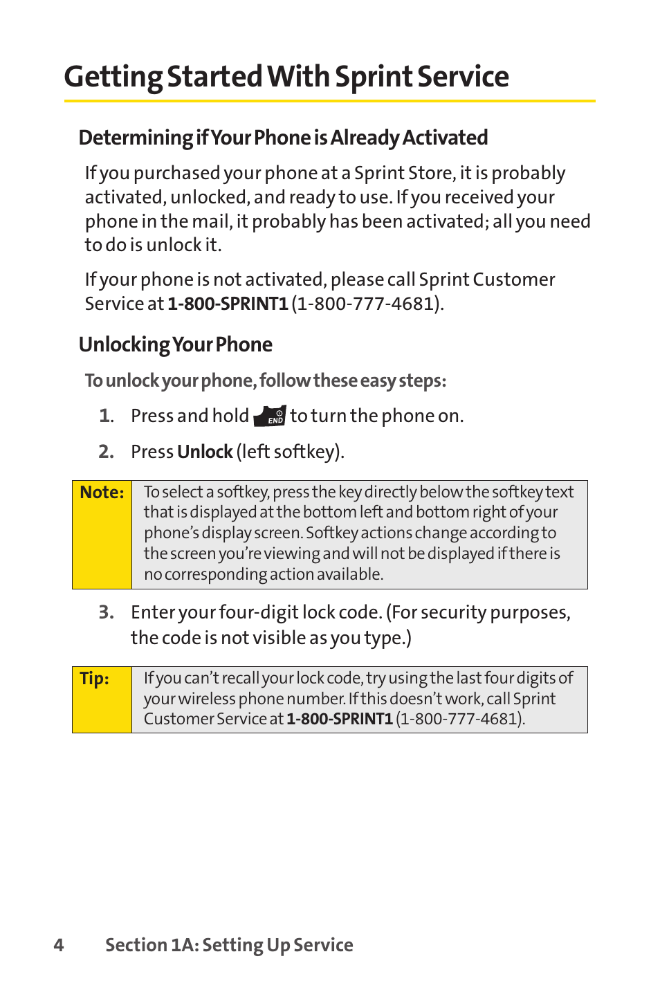 Getting started with sprint service | Sprint Nextel VISION S1 User Manual | Page 20 / 218