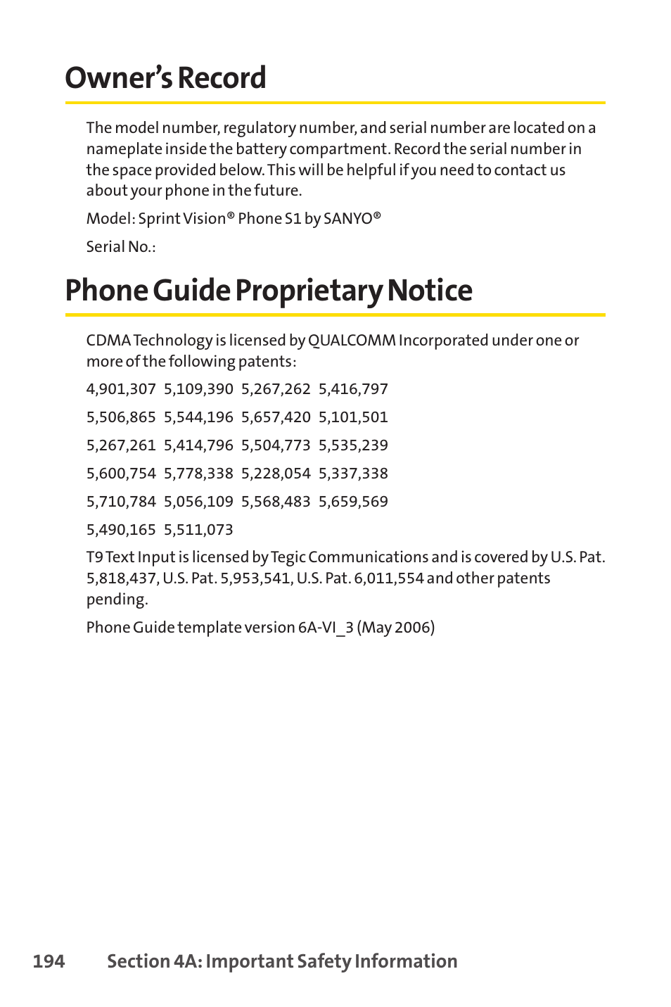 Owner’s record, Phone guide proprietary notice, Owner’s record phone guide proprietary notice | Sprint Nextel VISION S1 User Manual | Page 210 / 218