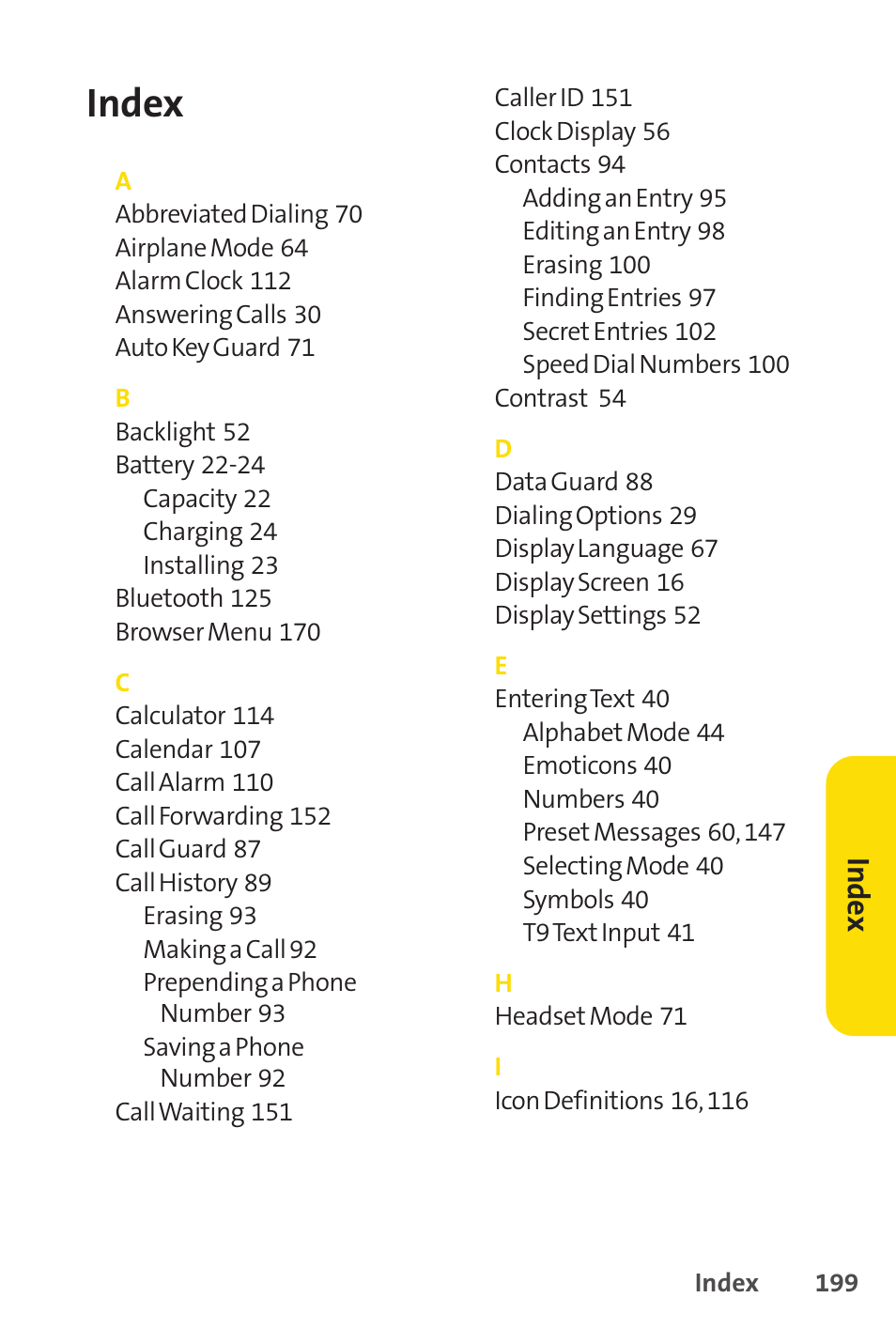 Index | Sprint Nextel VISION S1 User Manual | Page 215 / 218