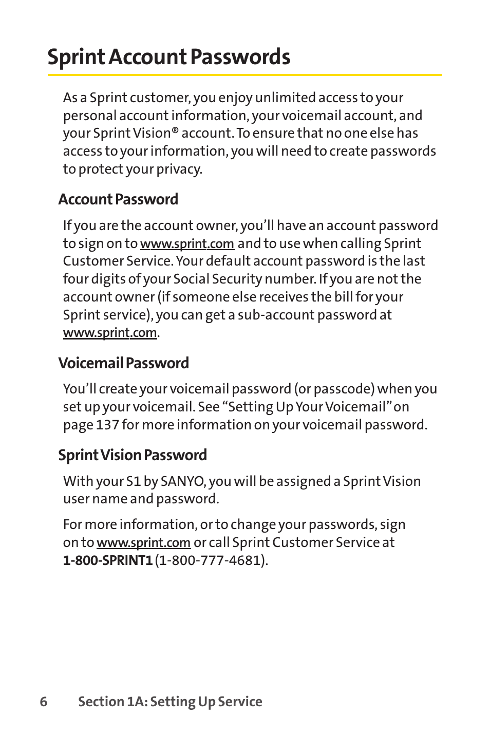 Sprint account passwords | Sprint Nextel VISION S1 User Manual | Page 22 / 218