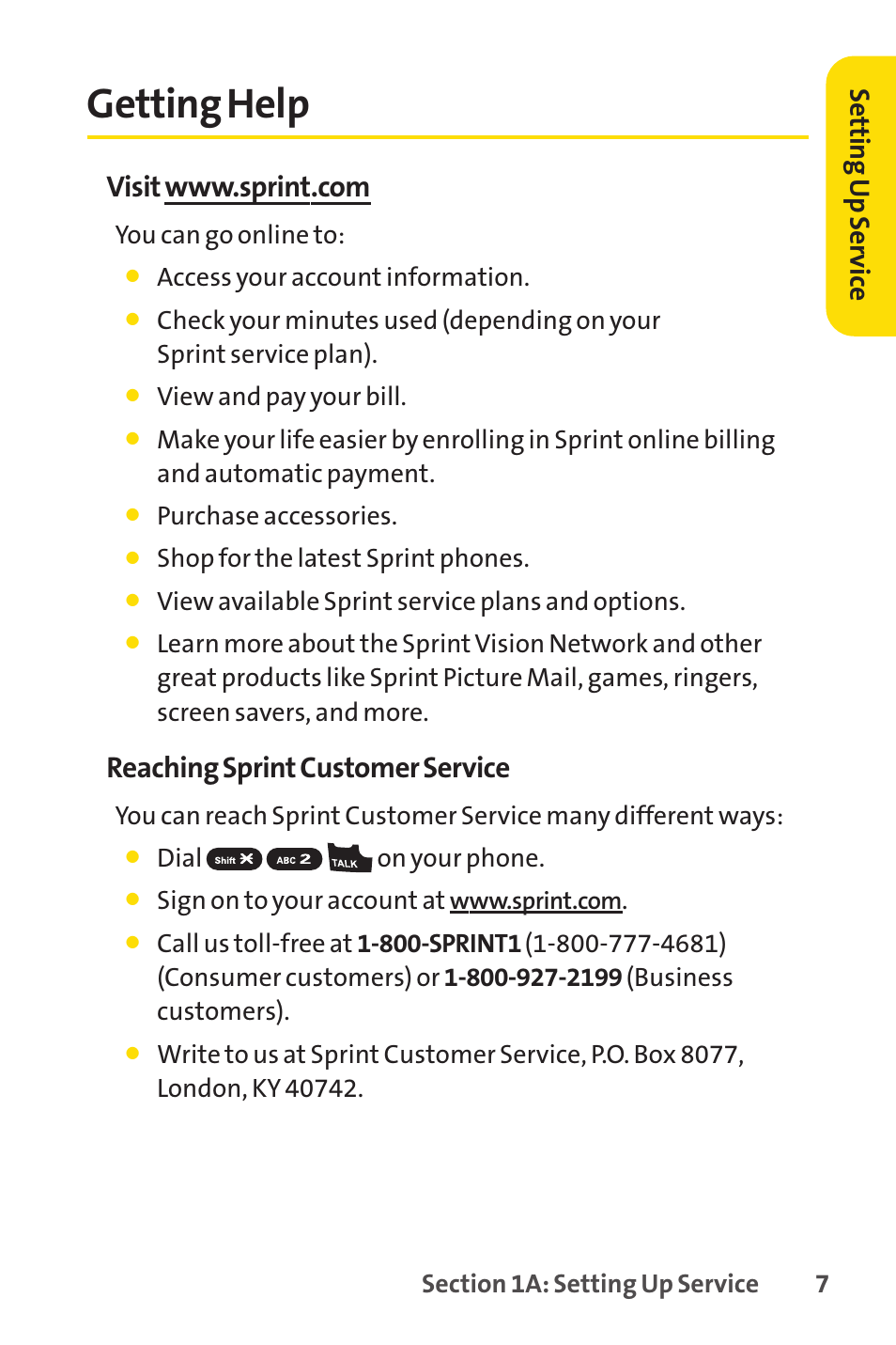 Getting help, Reaching sprint customer service | Sprint Nextel VISION S1 User Manual | Page 23 / 218